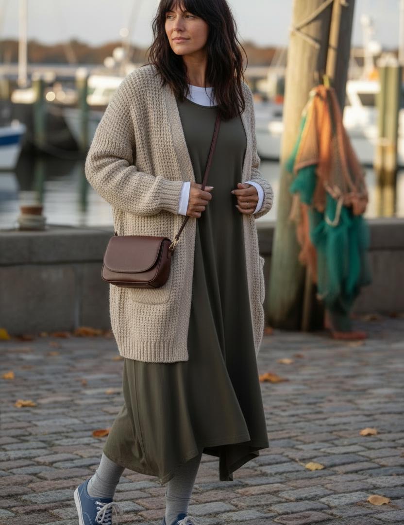 Olivgrå klänning i sidovinkel med tights