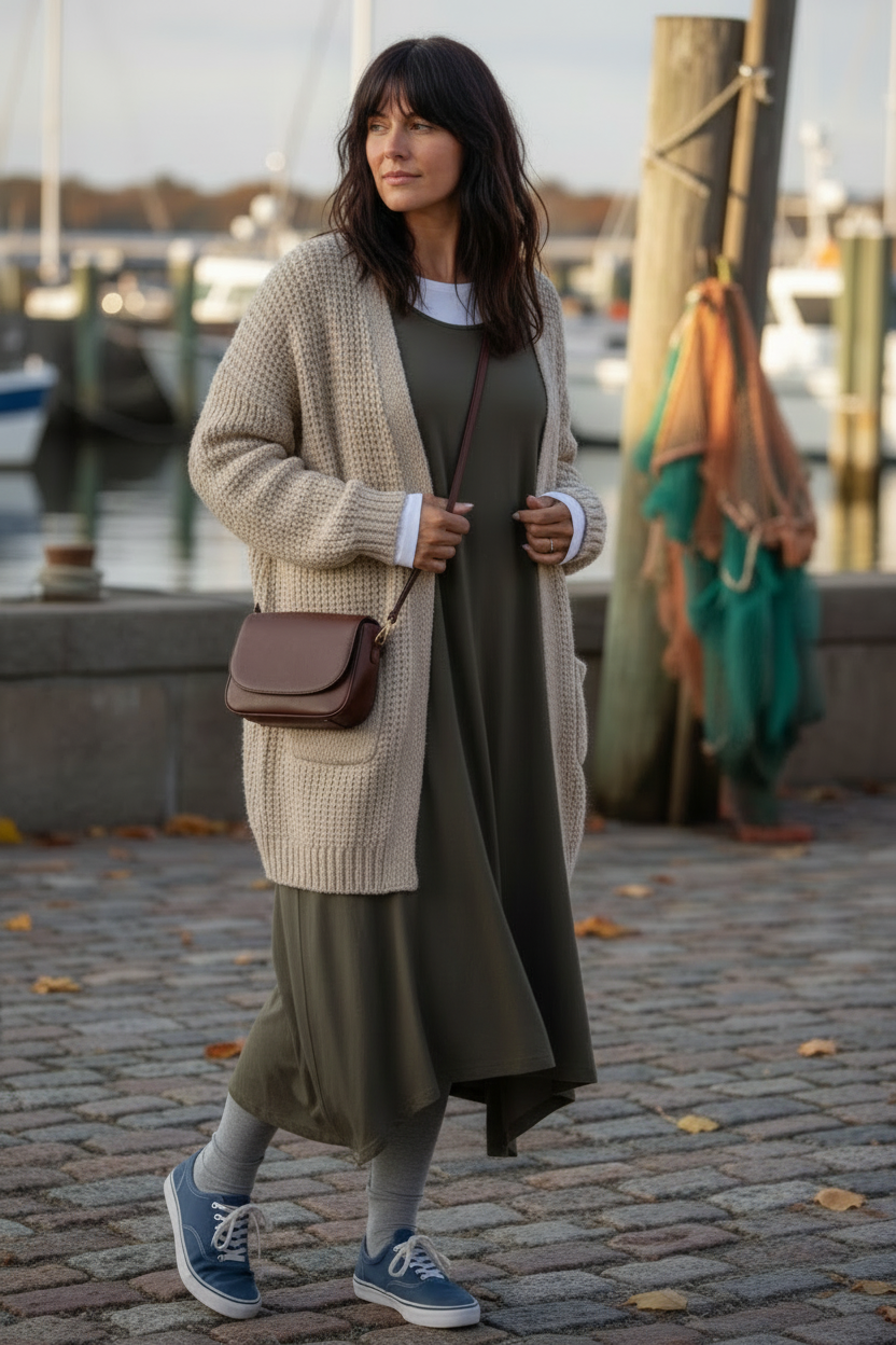 Olivgrå klänning i sidovinkel med tights