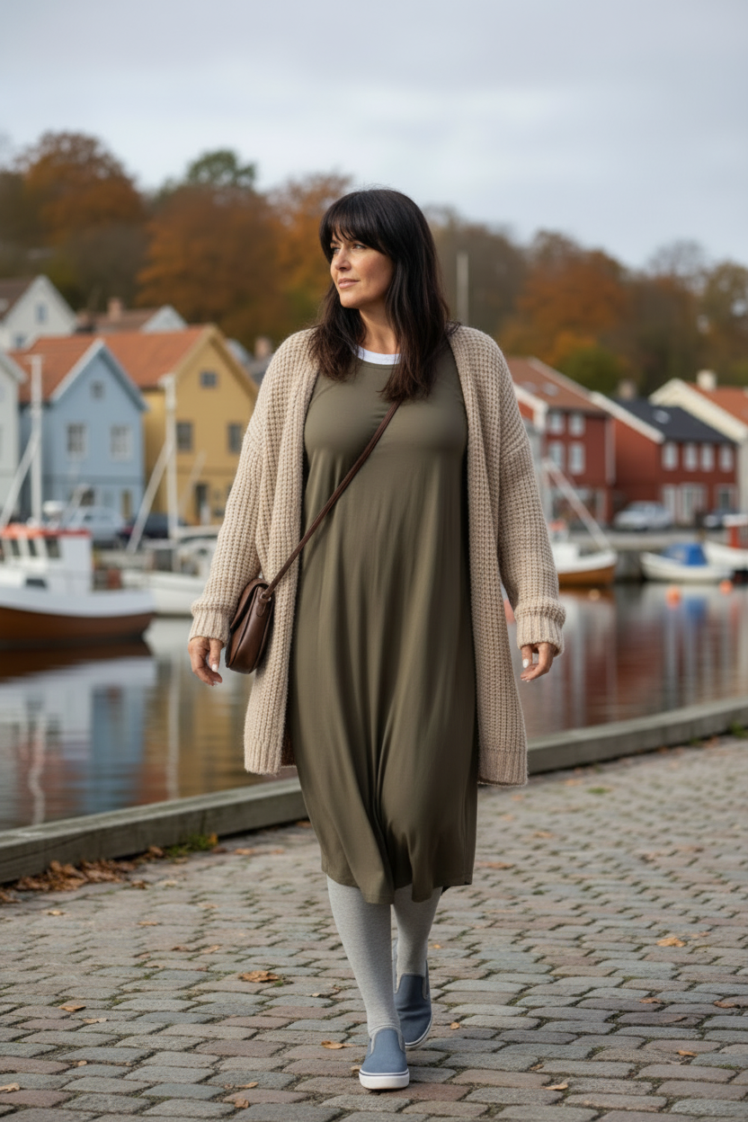 Olivgrå klänning med ljusgrå tights och beige kofta
