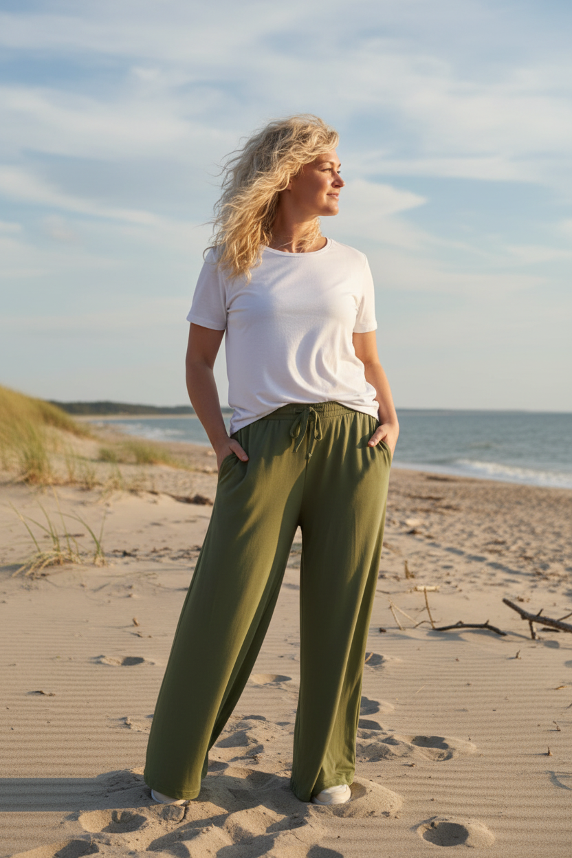 Olivgröna byxor med vit t-shirt