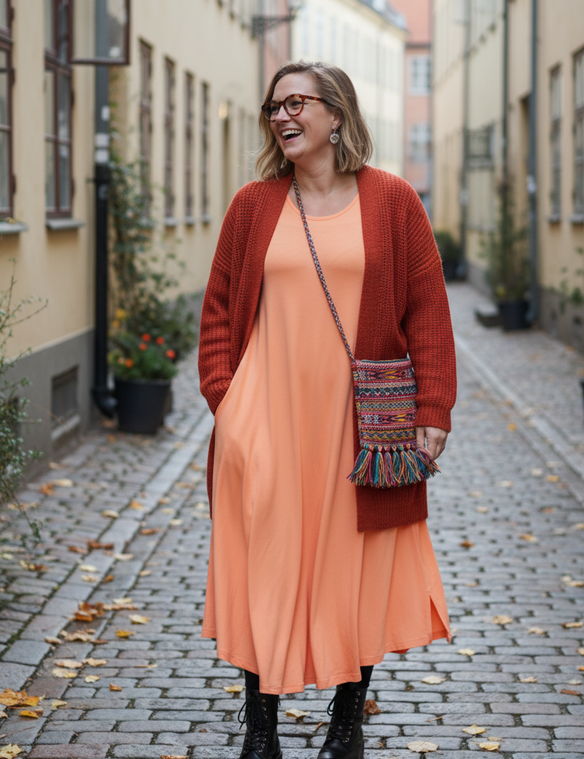 Persikofärgad Ballerina-klänning med röd kofta