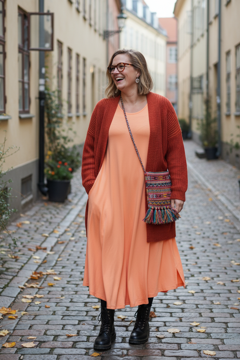 Persikofärgad Ballerina-klänning med röd kofta