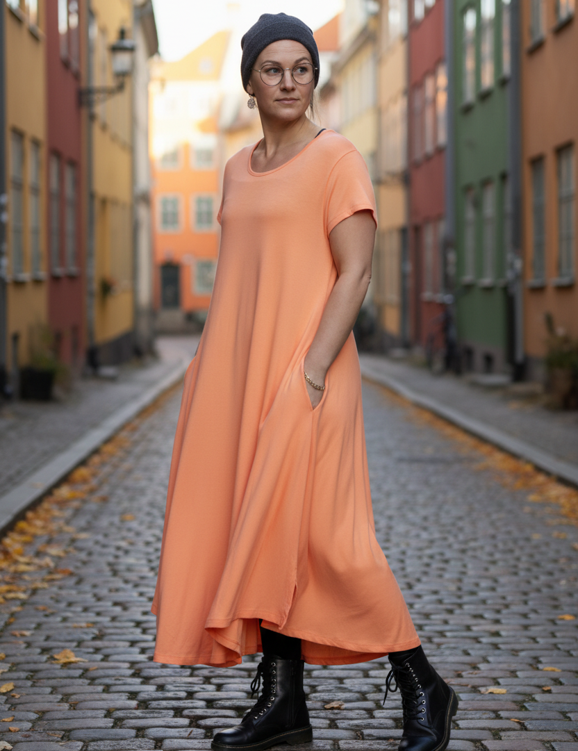 Persikofärgad klänning utan kofta med mössa
