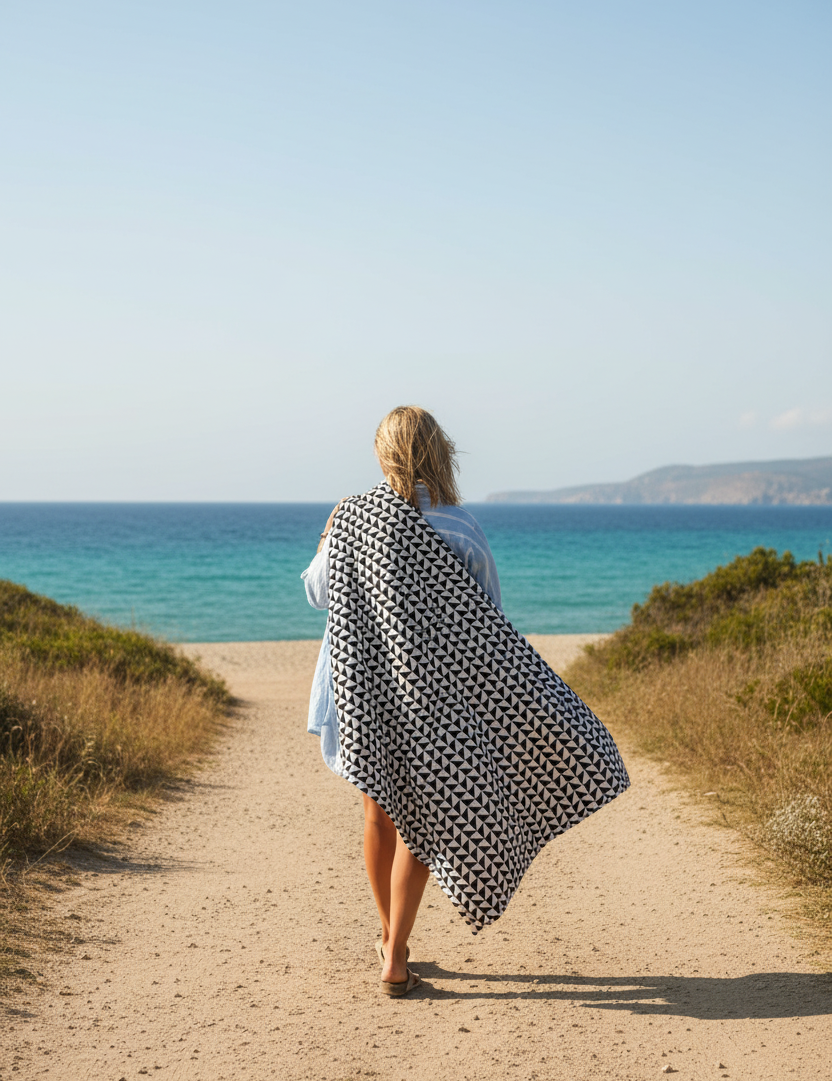 Person bär filt över axeln