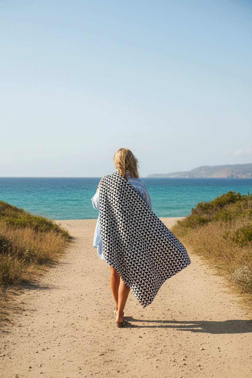 Person bär filt över axeln