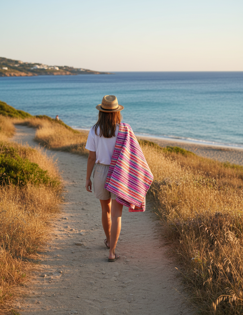 Person går med filt över axeln