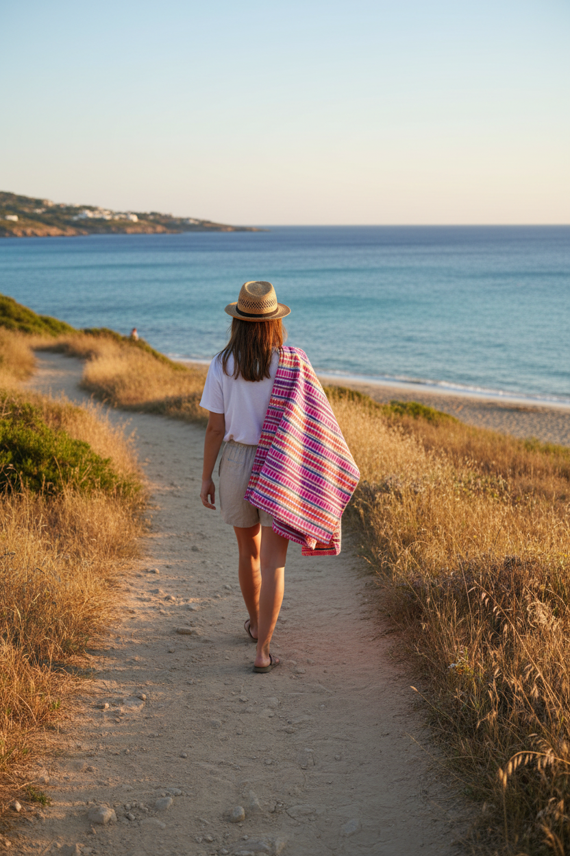 Person går med filt över axeln