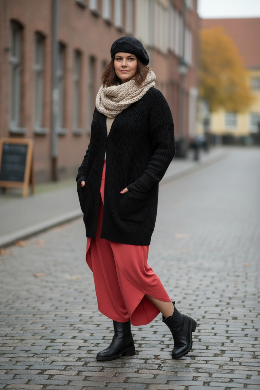 Röda byxor i gångpose med mycket öppen kofta