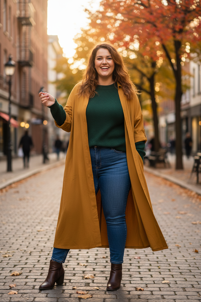 Senapsgul Sahara-klänning öppen över jeans