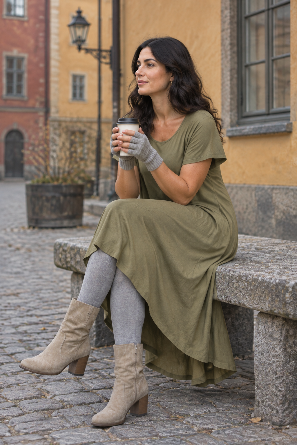 Sitter med takeaway-kaffe