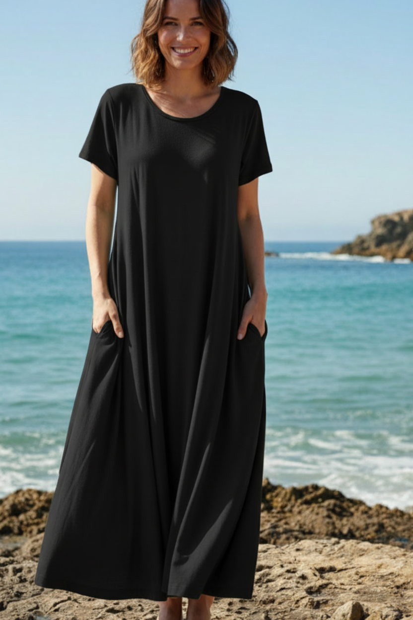 Svart A-linje klänning båda händer