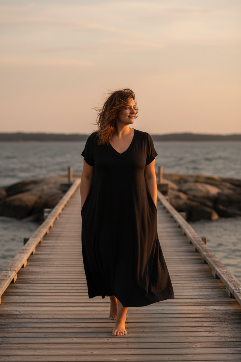 Svart — gående längs bryggan