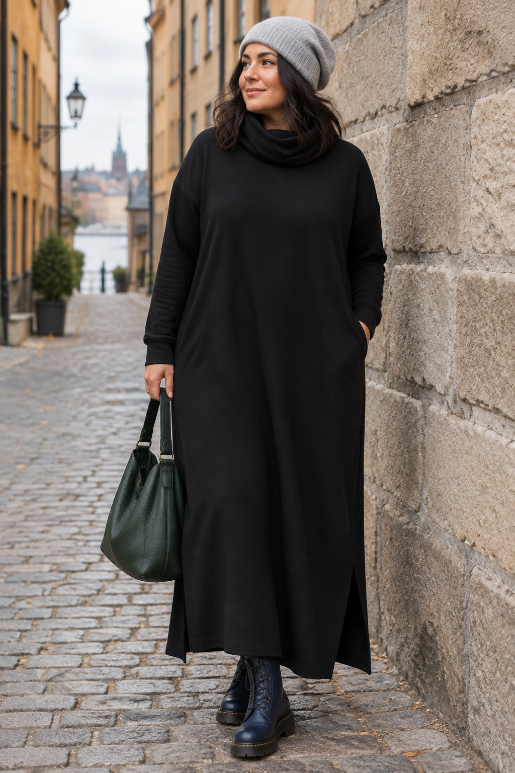 Svart poloklänning vid stenmur