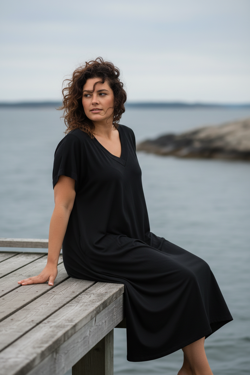 Svart — sittande på bryggan med benen hängande