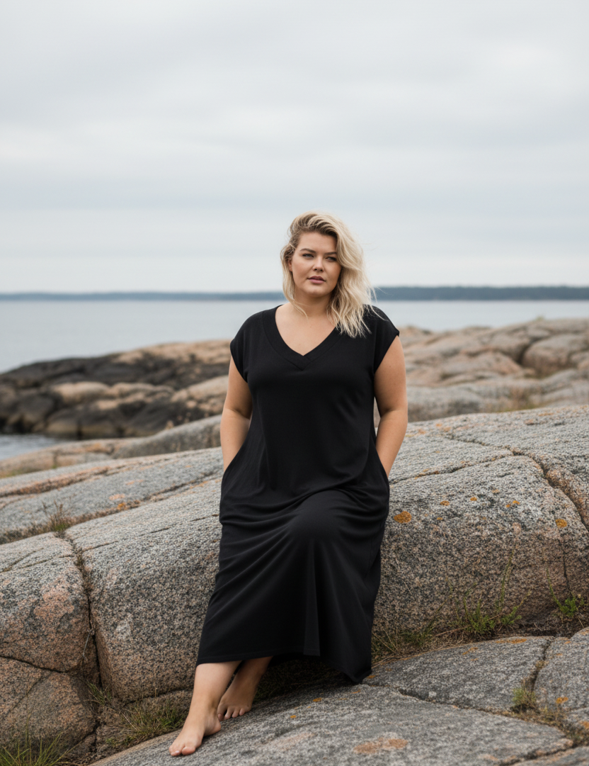 Svart V-Neck klippa — sittande