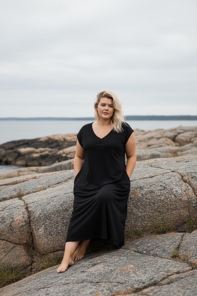 Svart V-Neck klippa — sittande
