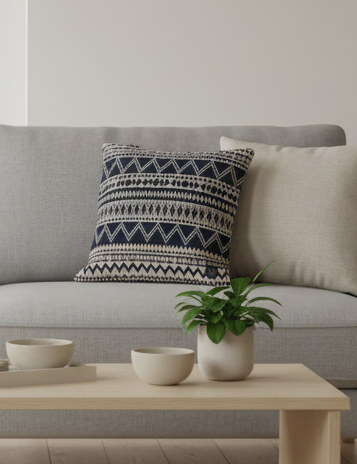 Tribal kudde på grå soffa