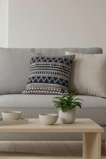 Tribal kudde på grå soffa