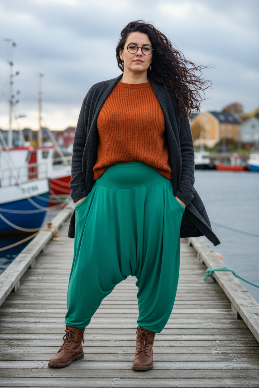 Turkosa haremsbyxor i blåsig hösthamn