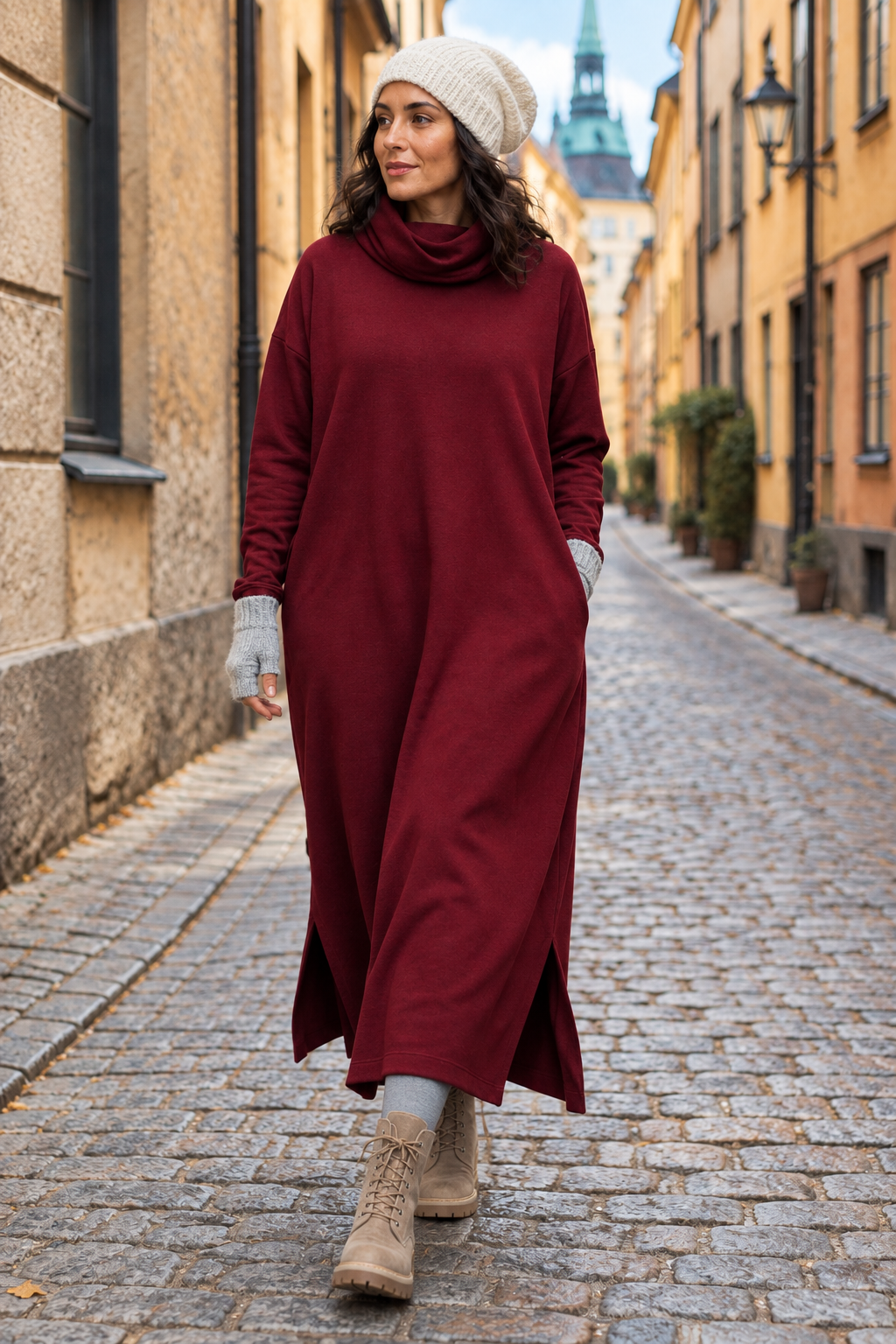 Vinröd poloklänning på kullerstensgata